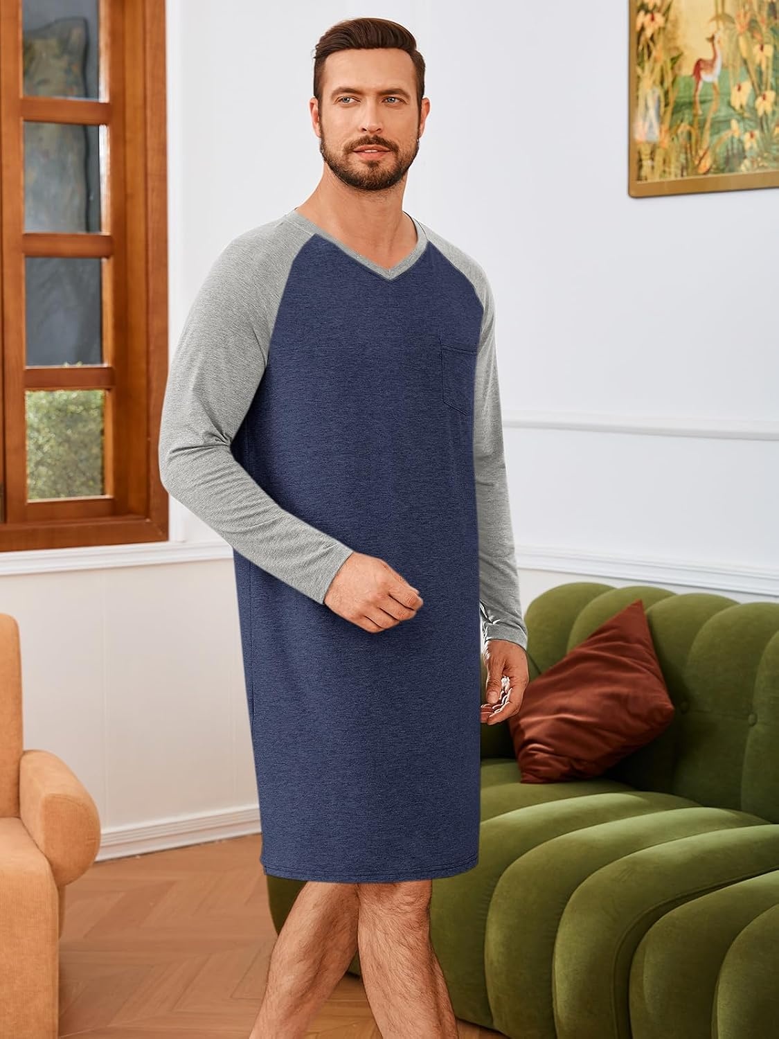 image:imageRuncati Mens Nightshirt Long Sleeve V Neck Nightgown Comfy Big amp Tall Lounge Pajama Sleepwear Sleep ShirtNavy