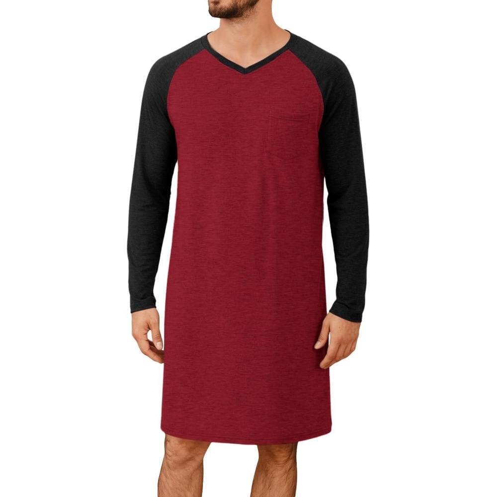 image:imageRuncati Mens Nightshirt Long Sleeve V Neck Nightgown Comfy Big amp Tall Lounge Pajama Sleepwear Sleep ShirtBurgundy