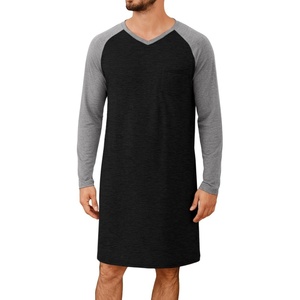 Runcati Mens Nightshirt Long Sleeve V Neck Nightgown Comfy Big & Tall Lounge Pajama Sleepwear Sleep Shirt(Black)