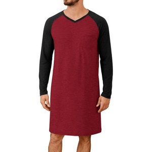 Runcati Mens Nightshirt Long Sleeve V Neck Nightgown Comfy Big & Tall Lounge Pajama Sleepwear Sleep Shirt(Burgundy)