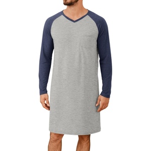 Runcati Mens Nightshirt Long Sleeve V Neck Nightgown Comfy Big & Tall Lounge Pajama Sleepwear Sleep Shirt(Light Grey)
