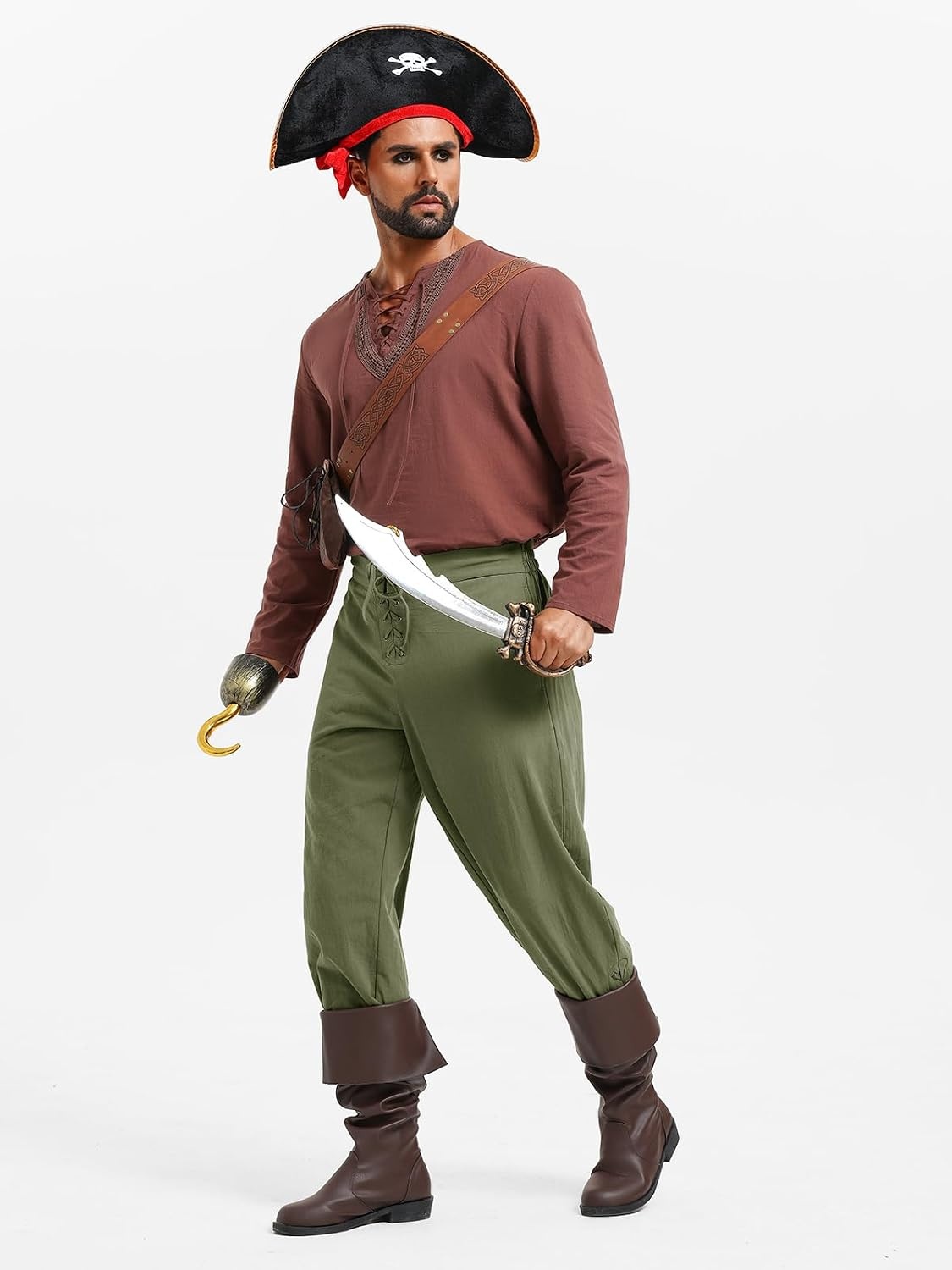 image:imageRuncati Mens Medieval Pirate Pants Renaissance Viking Ankle Banded Baggy Pants Lace Up Retro Halloween Costume TrousersArmy Green