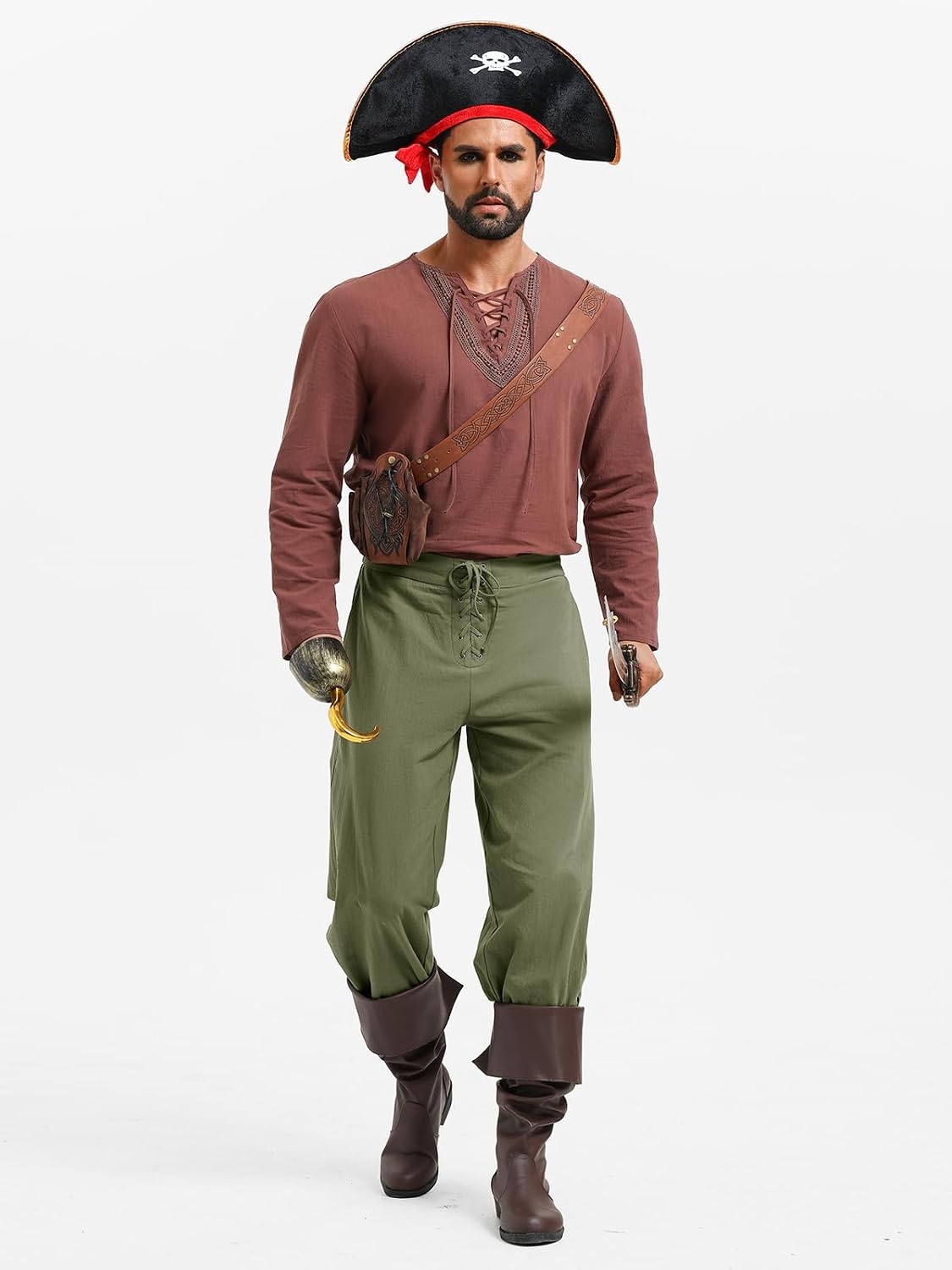 image:imageRuncati Mens Medieval Pirate Pants Renaissance Viking Ankle Banded Baggy Pants Lace Up Retro Halloween Costume TrousersArmy Green
