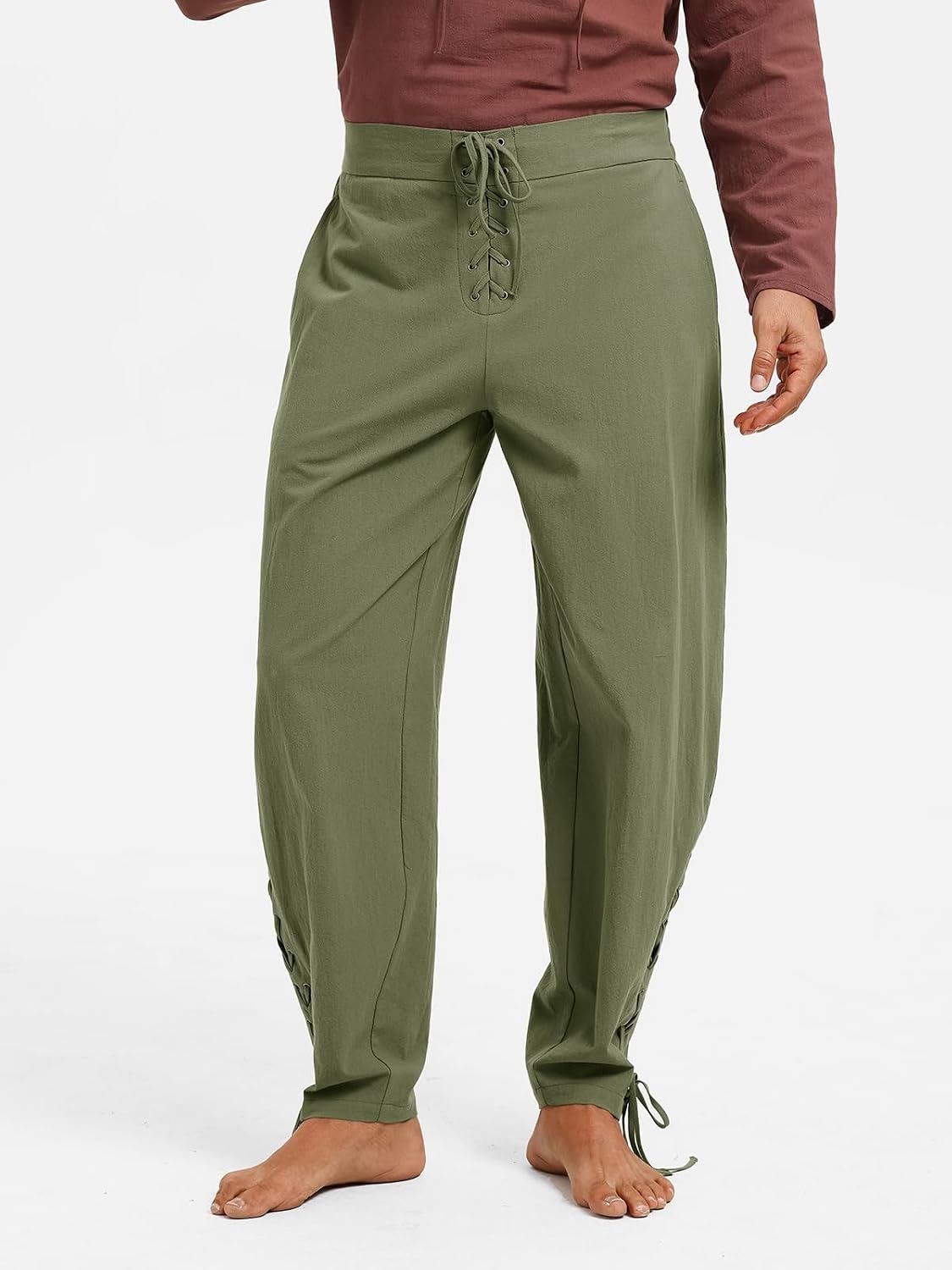image:imageRuncati Mens Medieval Pirate Pants Renaissance Viking Ankle Banded Baggy Pants Lace Up Retro Halloween Costume TrousersArmy Green
