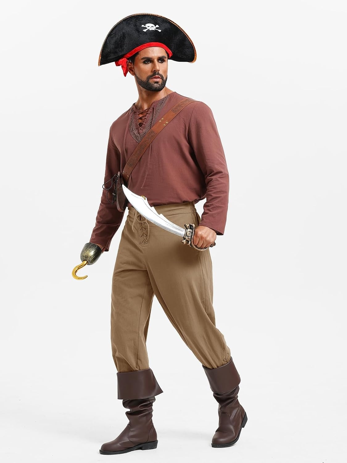 image:imageRuncati Mens Medieval Pirate Pants Renaissance Viking Ankle Banded Baggy Pants Lace Up Retro Halloween Costume TrousersBrown
