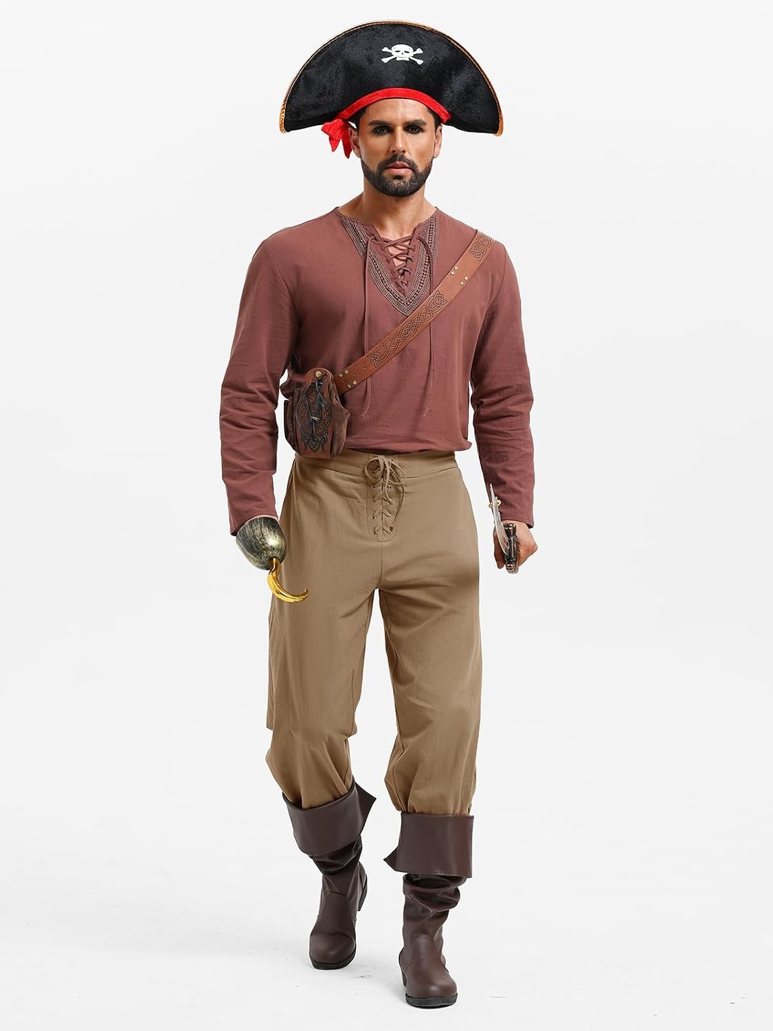 image:imageRuncati Mens Medieval Pirate Pants Renaissance Viking Ankle Banded Baggy Pants Lace Up Retro Halloween Costume TrousersBrown