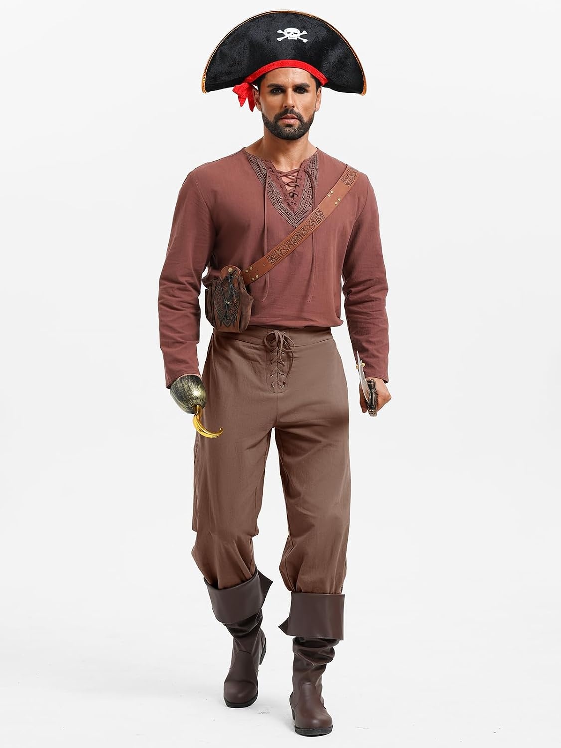 image:imageRuncati Mens Medieval Pirate Pants Renaissance Viking Ankle Banded Baggy Pants Lace Up Retro Halloween Costume TrousersCoffee