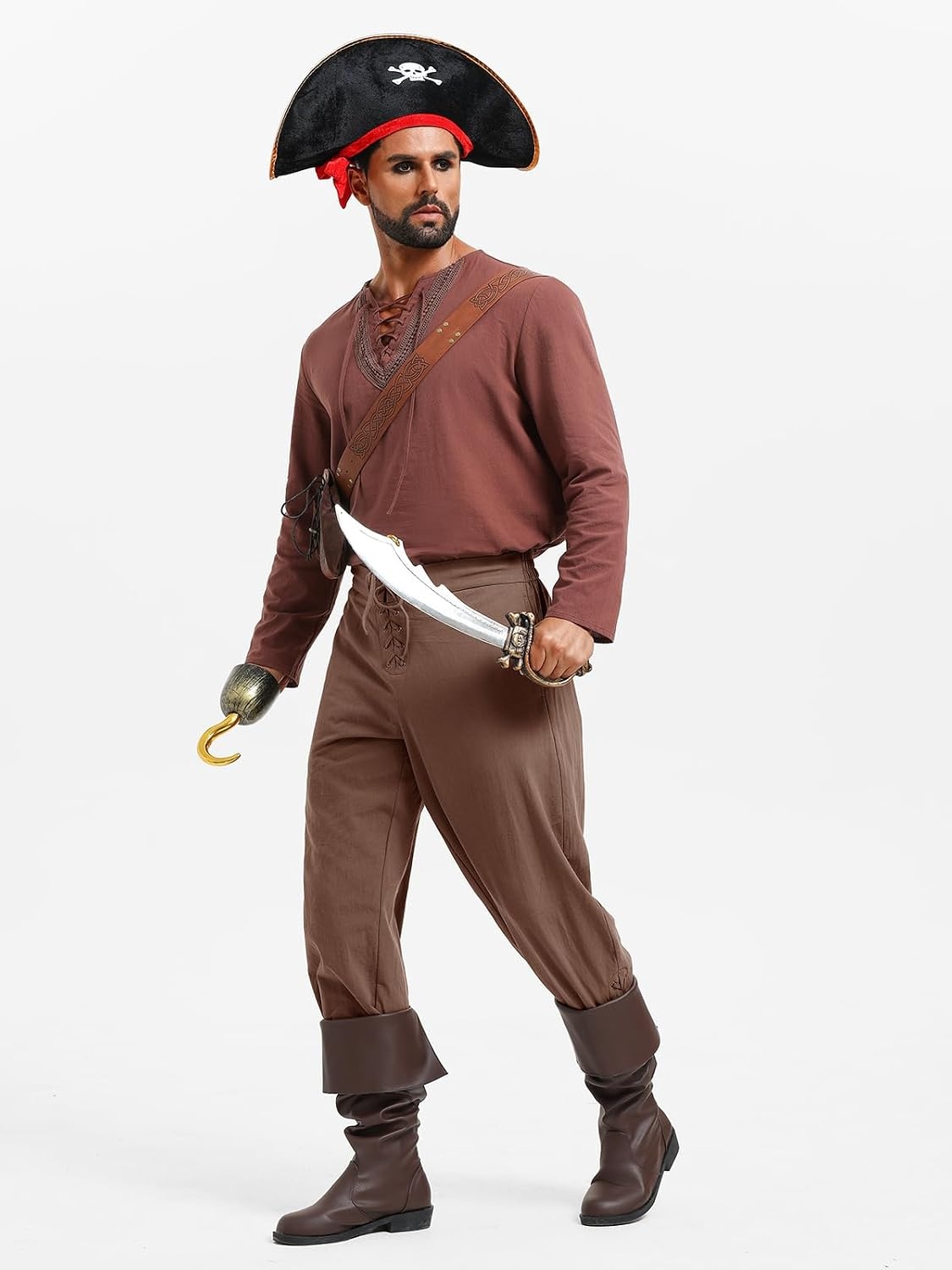 image:imageRuncati Mens Medieval Pirate Pants Renaissance Viking Ankle Banded Baggy Pants Lace Up Retro Halloween Costume TrousersCoffee
