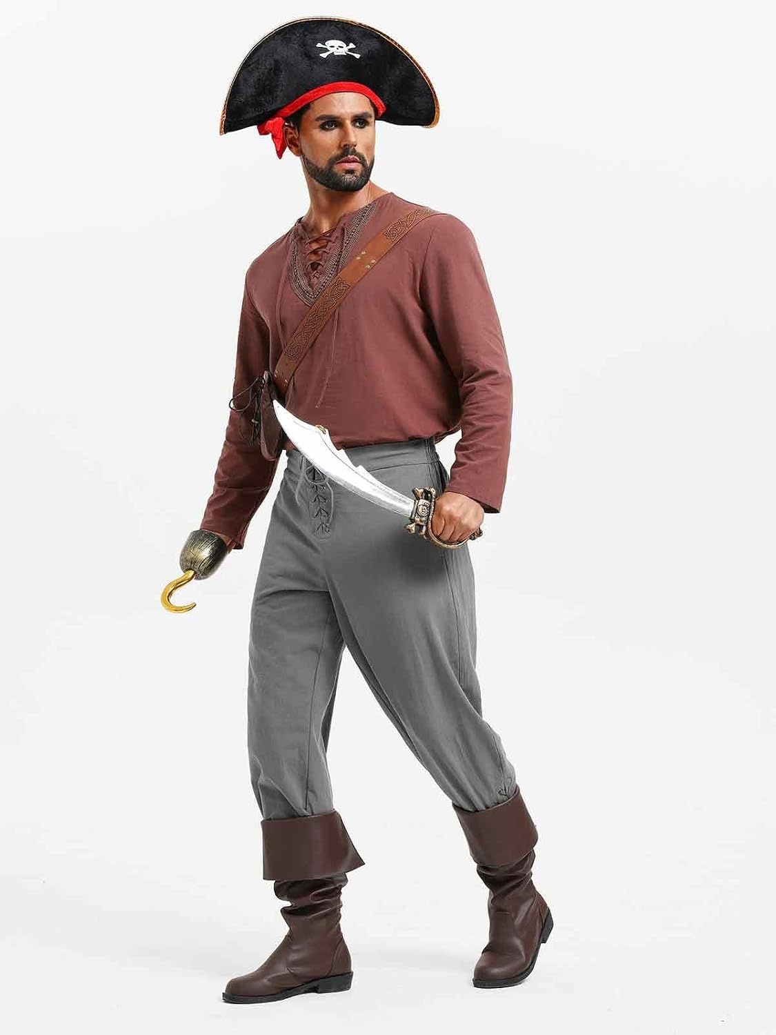 image:imageRuncati Mens Medieval Pirate Pants Renaissance Viking Ankle Banded Baggy Pants Lace Up Retro Halloween Costume TrousersGrey