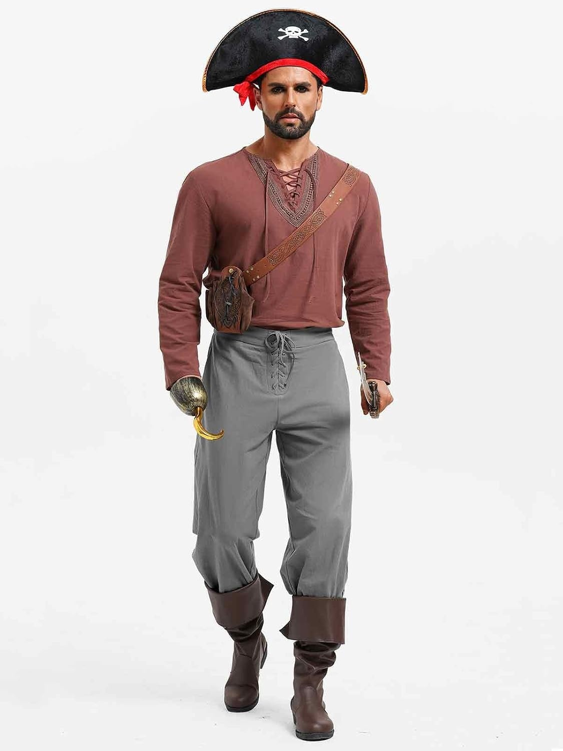 image:imageRuncati Mens Medieval Pirate Pants Renaissance Viking Ankle Banded Baggy Pants Lace Up Retro Halloween Costume TrousersGrey