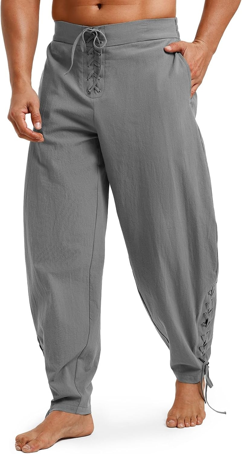 image:imageRuncati Mens Medieval Pirate Pants Renaissance Viking Ankle Banded Baggy Pants Lace Up Retro Halloween Costume TrousersGrey
