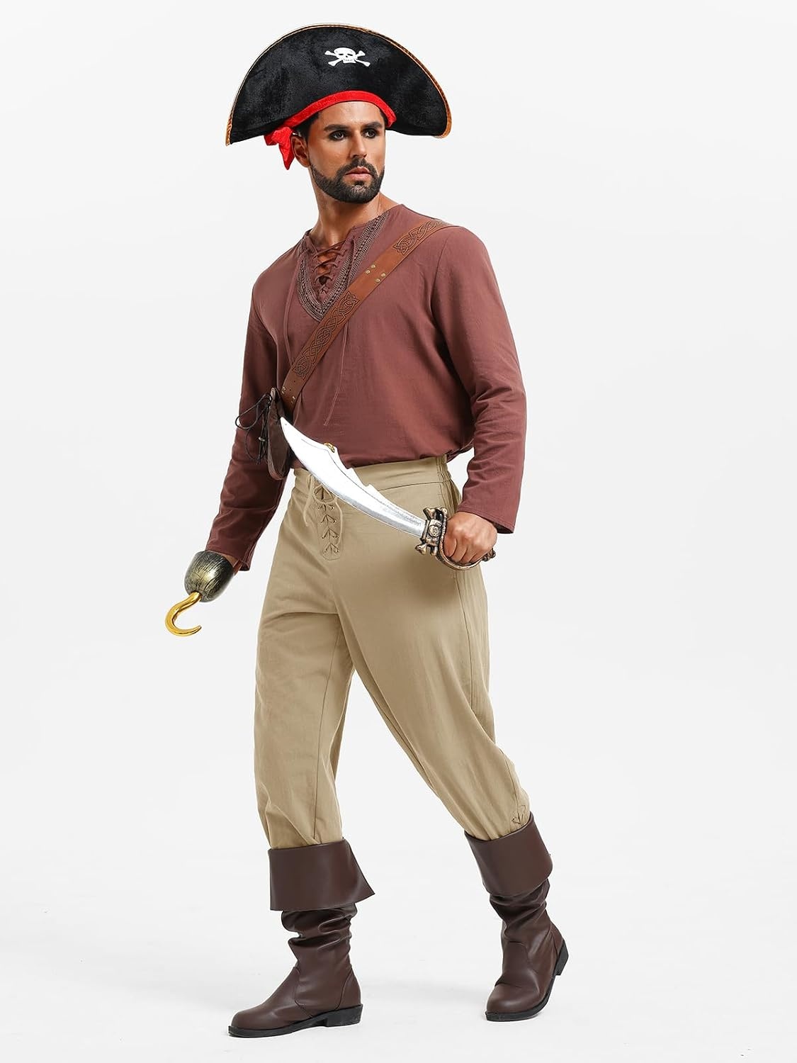 image:imageRuncati Mens Medieval Pirate Pants Renaissance Viking Ankle Banded Baggy Pants Lace Up Retro Halloween Costume TrousersKhaki