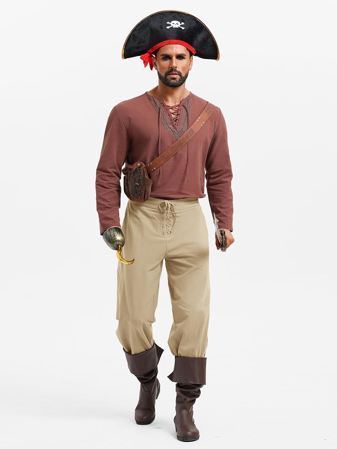 image:imageRuncati Mens Medieval Pirate Pants Renaissance Viking Ankle Banded Baggy Pants Lace Up Retro Halloween Costume TrousersKhaki