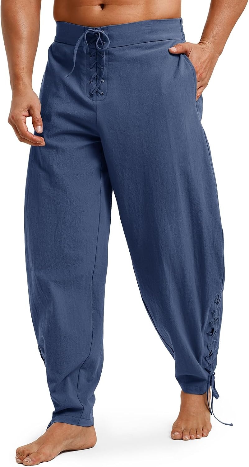 image:imageRuncati Mens Medieval Pirate Pants Renaissance Viking Ankle Banded Baggy Pants Lace Up Retro Halloween Costume TrousersNavy