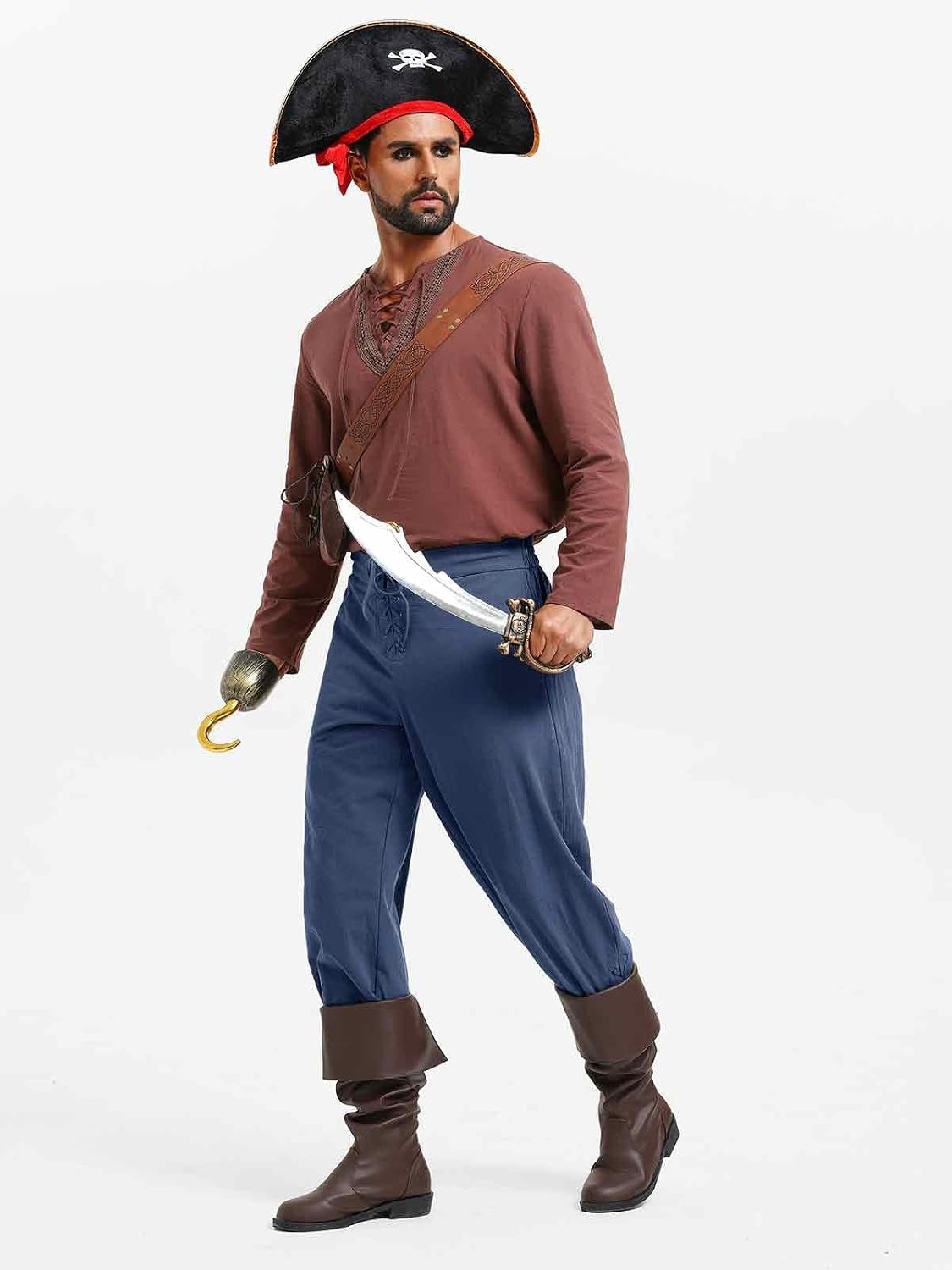 image:imageRuncati Mens Medieval Pirate Pants Renaissance Viking Ankle Banded Baggy Pants Lace Up Retro Halloween Costume TrousersNavy