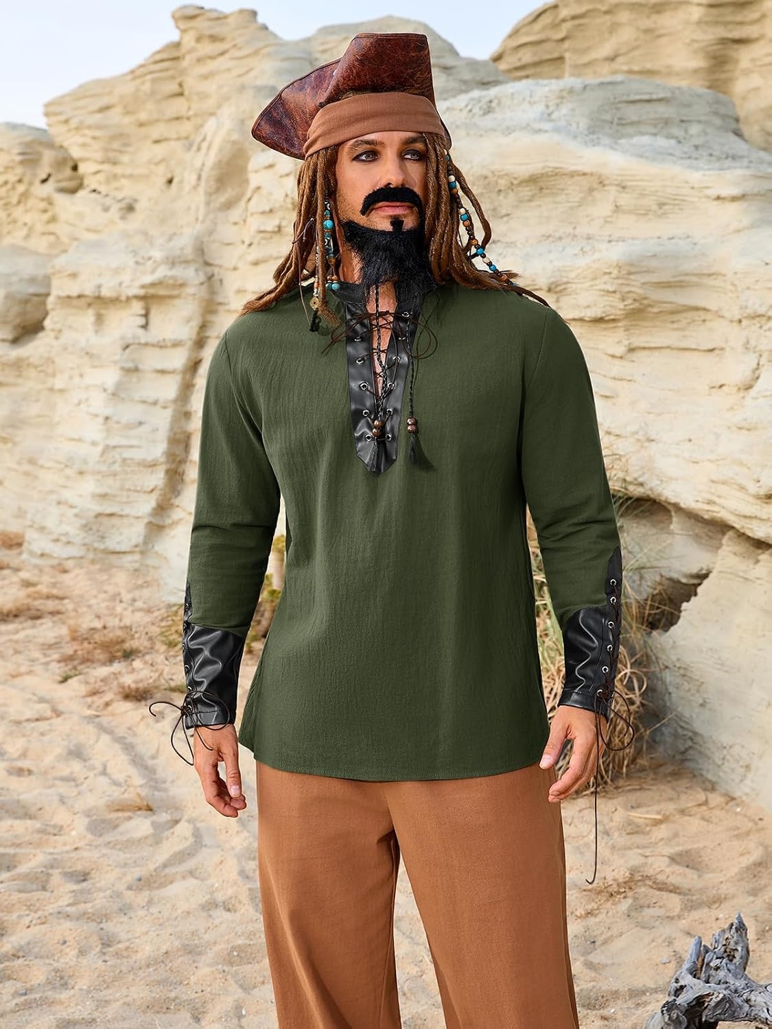 image:imageRuncati Mens Medieval Pirate Shirt Retro Lace Up Viking Renaissance Shirts Cotton Halloween Costume Faux Leather TopsArmy Green