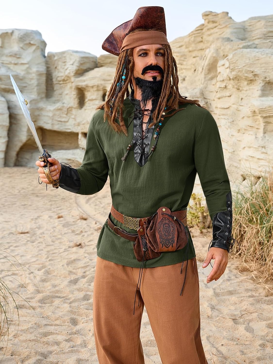 image:imageRuncati Mens Medieval Pirate Shirt Retro Lace Up Viking Renaissance Shirts Cotton Halloween Costume Faux Leather TopsArmy Green
