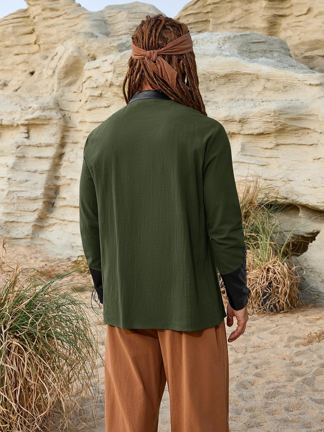 image:imageRuncati Mens Medieval Pirate Shirt Retro Lace Up Viking Renaissance Shirts Cotton Halloween Costume Faux Leather TopsArmy Green