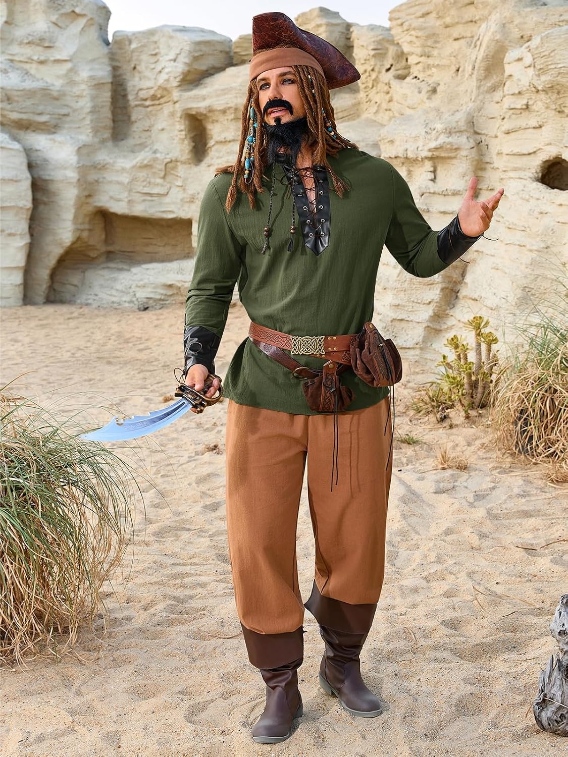 image:imageRuncati Mens Medieval Pirate Shirt Retro Lace Up Viking Renaissance Shirts Cotton Halloween Costume Faux Leather TopsArmy Green