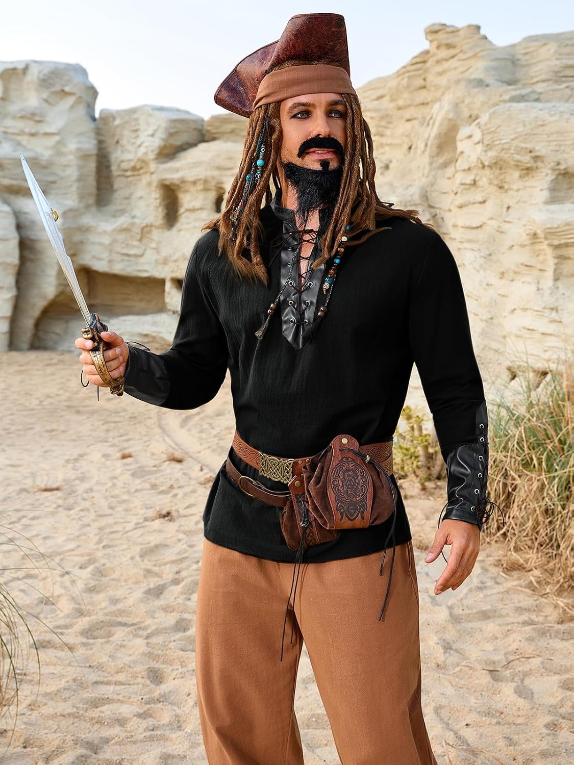 image:imageRuncati Mens Medieval Pirate Shirt Retro Lace Up Viking Renaissance Shirts Cotton Halloween Costume Faux Leather TopsBlack