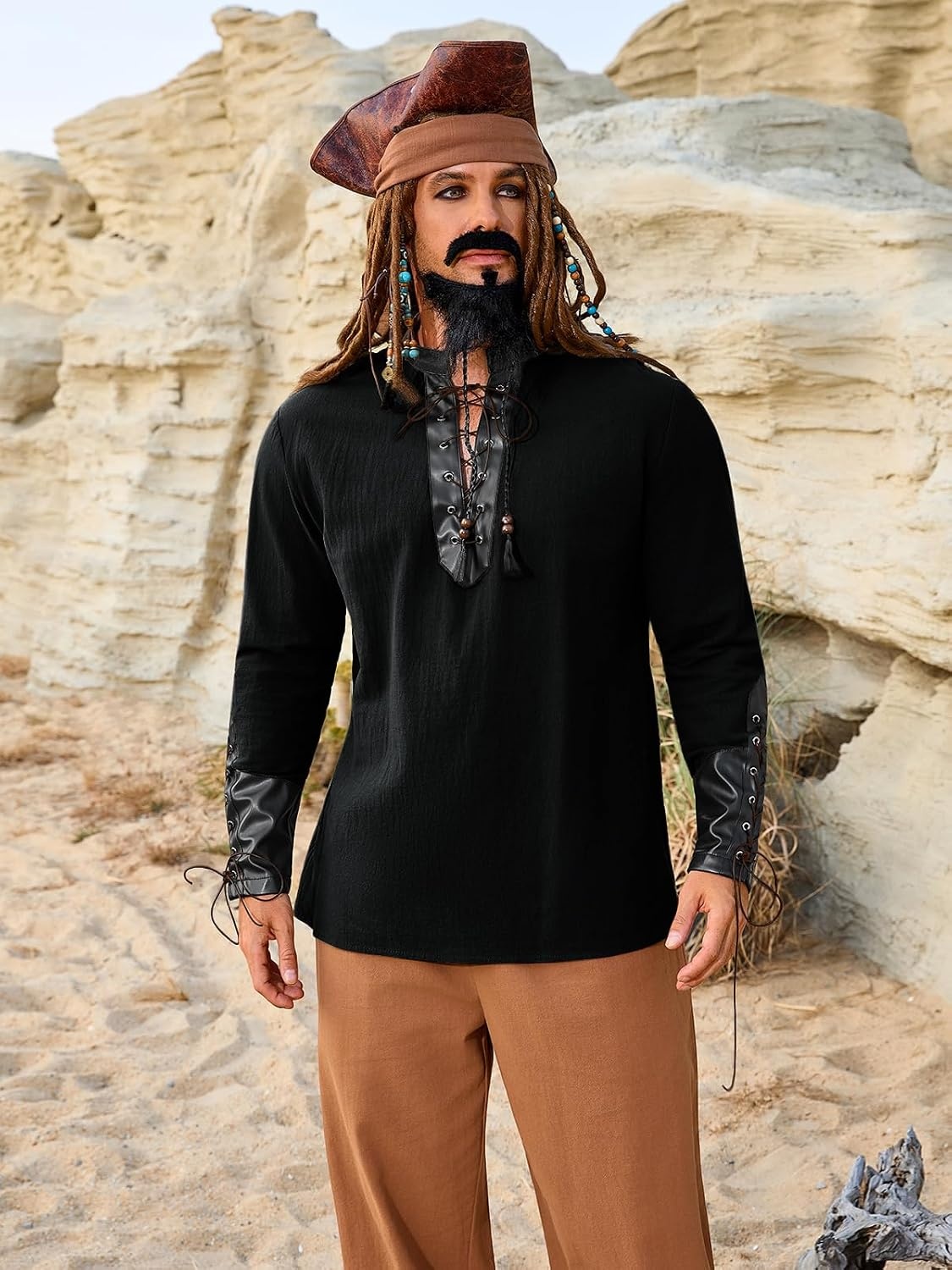 image:imageRuncati Mens Medieval Pirate Shirt Retro Lace Up Viking Renaissance Shirts Cotton Halloween Costume Faux Leather TopsBlack