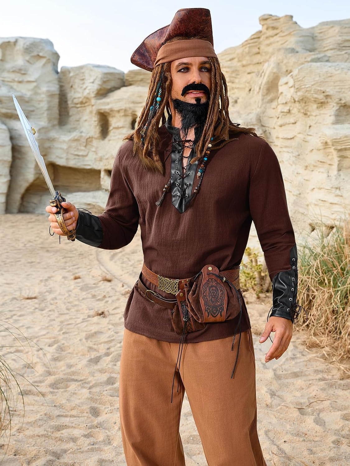 image:imageRuncati Mens Medieval Pirate Shirt Retro Lace Up Viking Renaissance Shirts Cotton Halloween Costume Faux Leather TopsBrown