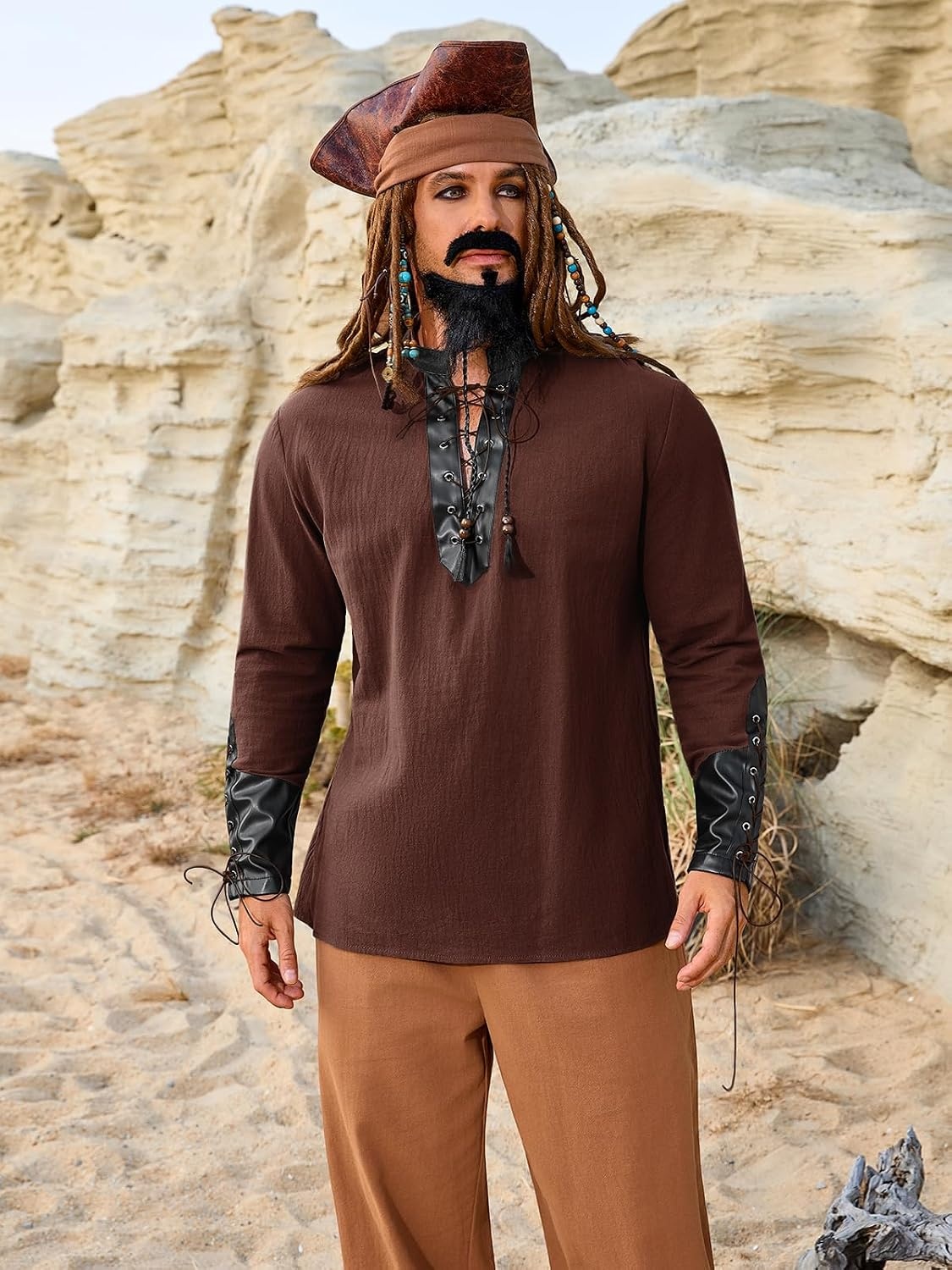 image:imageRuncati Mens Medieval Pirate Shirt Retro Lace Up Viking Renaissance Shirts Cotton Halloween Costume Faux Leather TopsBrown