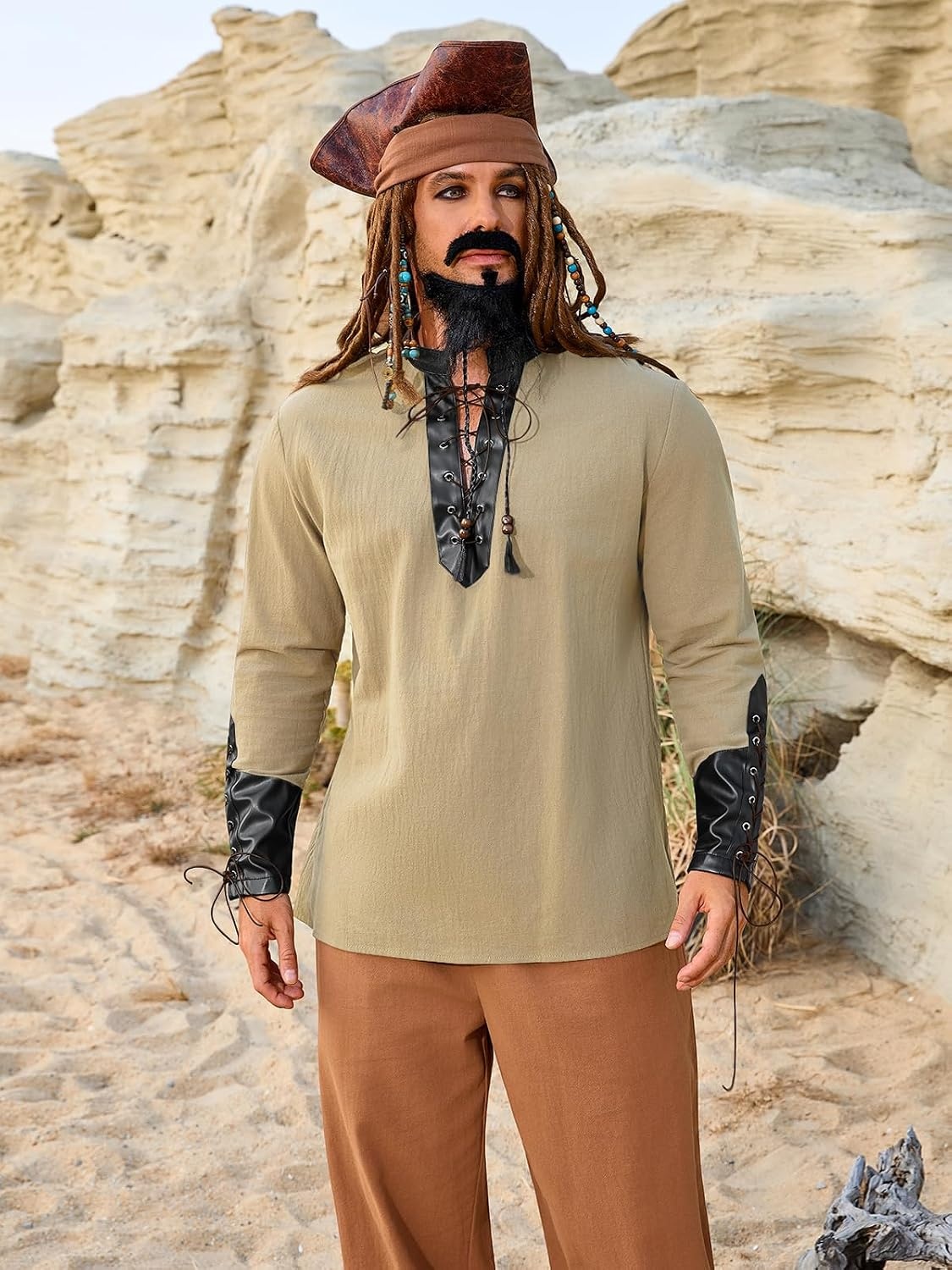 image:imageRuncati Mens Medieval Pirate Shirt Retro Lace Up Viking Renaissance Shirts Cotton Halloween Costume Faux Leather TopsKhaki
