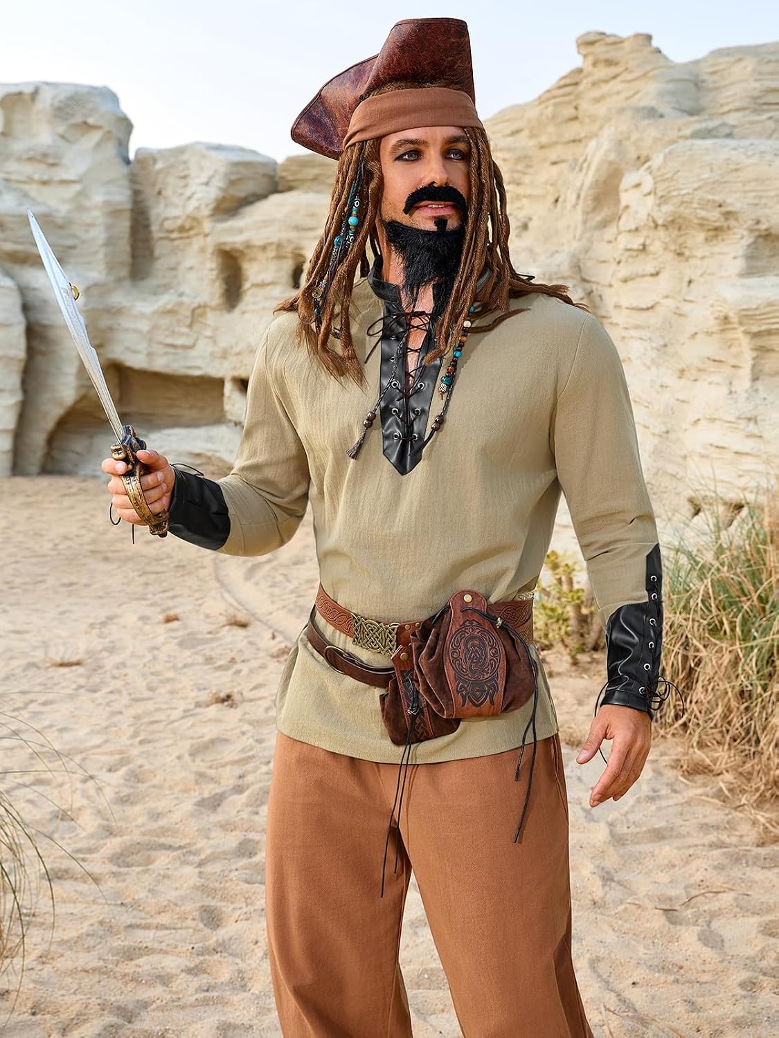 image:imageRuncati Mens Medieval Pirate Shirt Retro Lace Up Viking Renaissance Shirts Cotton Halloween Costume Faux Leather TopsKhaki