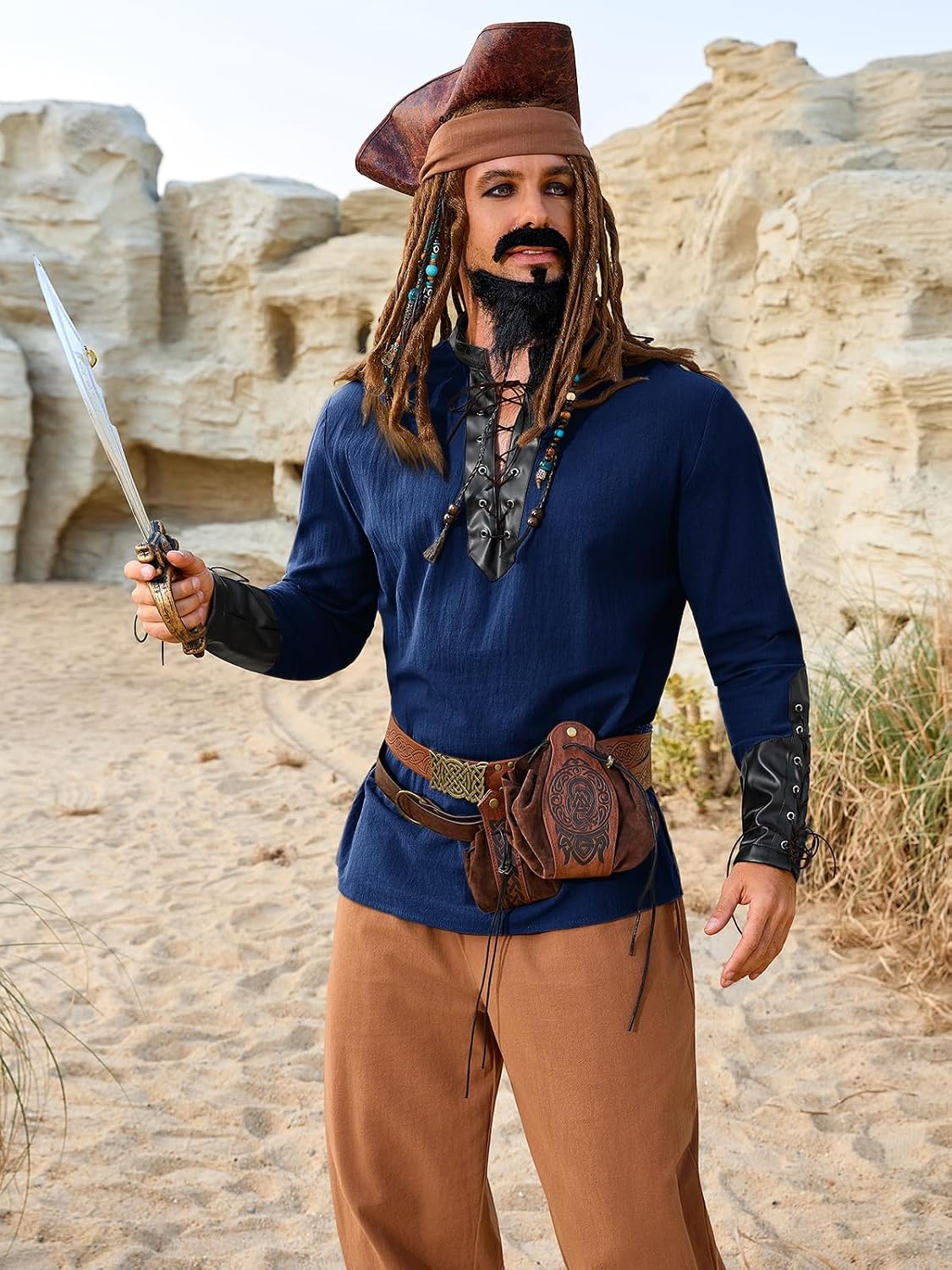 image:imageRuncati Mens Medieval Pirate Shirt Retro Lace Up Viking Renaissance Shirts Cotton Halloween Costume Faux Leather TopsNavy