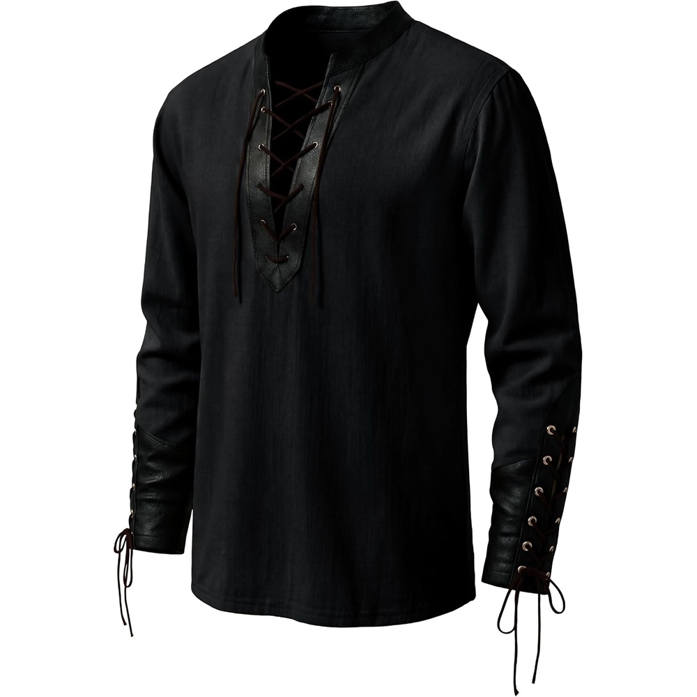 image:imageRuncati Mens Medieval Pirate Shirt Retro Lace Up Viking Renaissance Shirts Cotton Halloween Costume Faux Leather TopsBlack