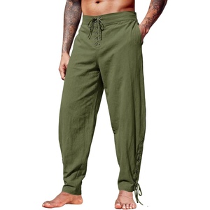 Runcati Mens Medieval Pirate Pants Renaissance Viking Ankle Banded Baggy Pants Lace Up Retro Halloween Costume Trousers(Army Green)