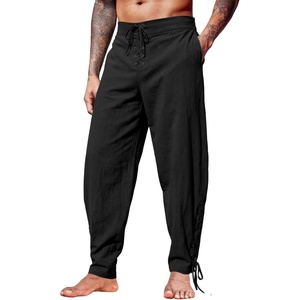 Runcati Mens Medieval Pirate Pants Renaissance Viking Ankle Banded Baggy Pants Lace Up Retro Halloween Costume Trousers(Black)