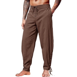 Runcati Mens Medieval Pirate Pants Renaissance Viking Ankle Banded Baggy Pants Lace Up Retro Halloween Costume Trousers(Coffee)