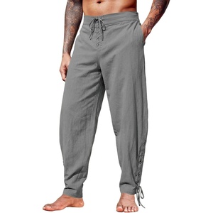Runcati Mens Medieval Pirate Pants Renaissance Viking Ankle Banded Baggy Pants Lace Up Retro Halloween Costume Trousers(Grey)