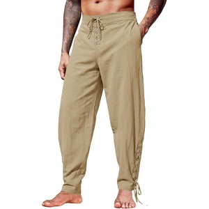 Runcati Mens Medieval Pirate Pants Renaissance Viking Ankle Banded Baggy Pants Lace Up Retro Halloween Costume Trousers(Khaki)
