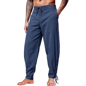 Runcati Mens Medieval Pirate Pants Renaissance Viking Ankle Banded Baggy Pants Lace Up Retro Halloween Costume Trousers(Navy)