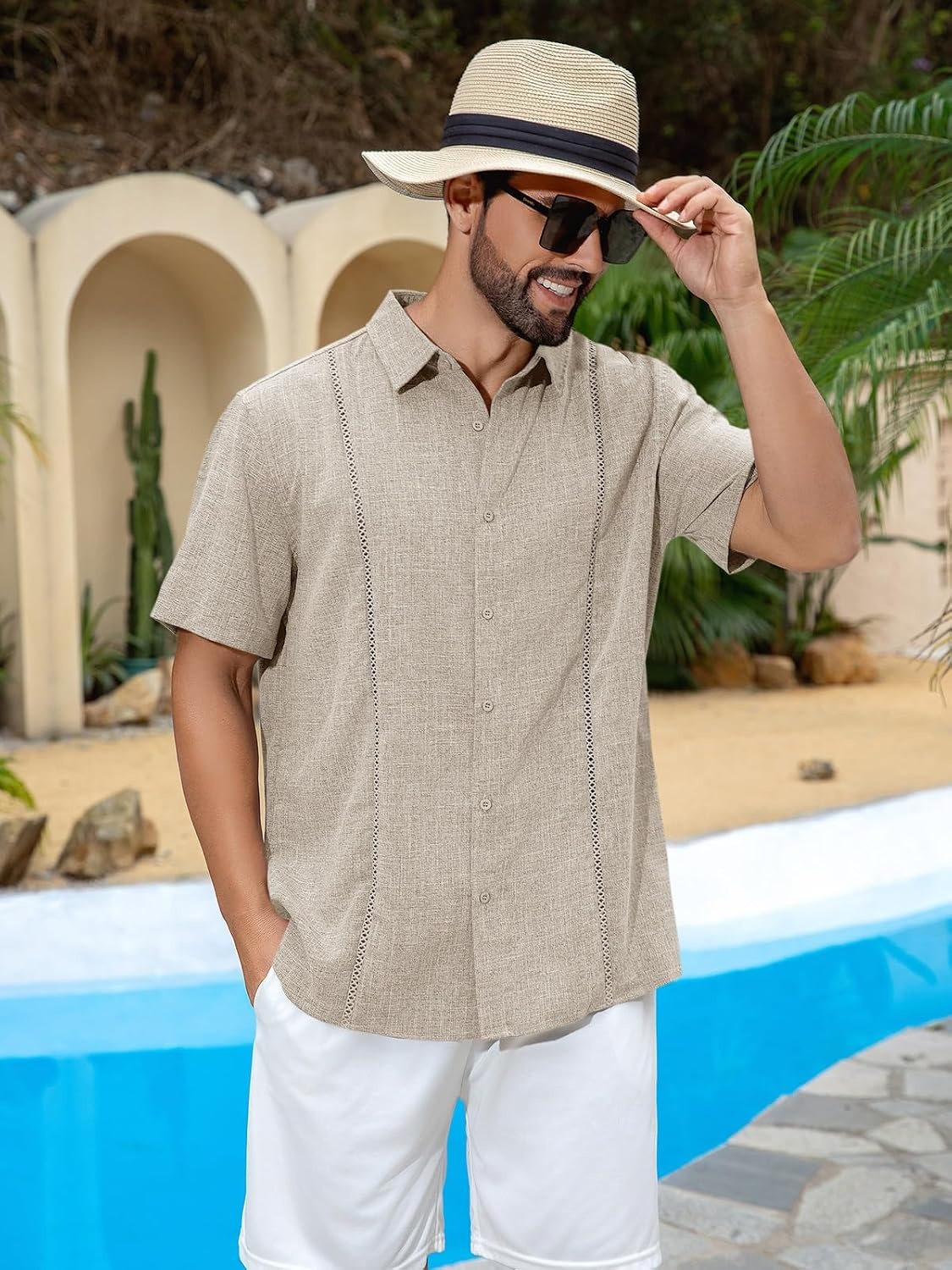 image:imageRuncati Mens Short Sleeve Guayabera Shirts Cuban Button Down Casual Shirt Summer Vacation Wedding Embroidered Linen TopsLight Khaki
