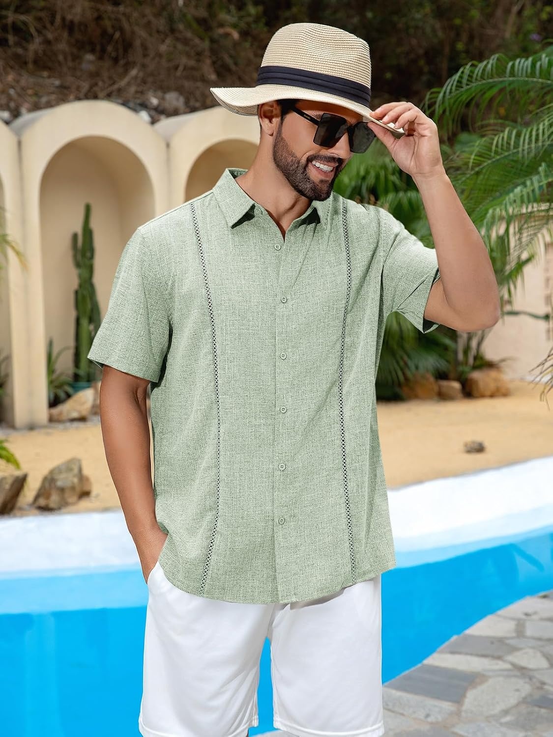 image:imageRuncati Mens Short Sleeve Guayabera Shirts Cuban Button Down Casual Shirt Summer Vacation Wedding Embroidered Linen TopsOlive Green