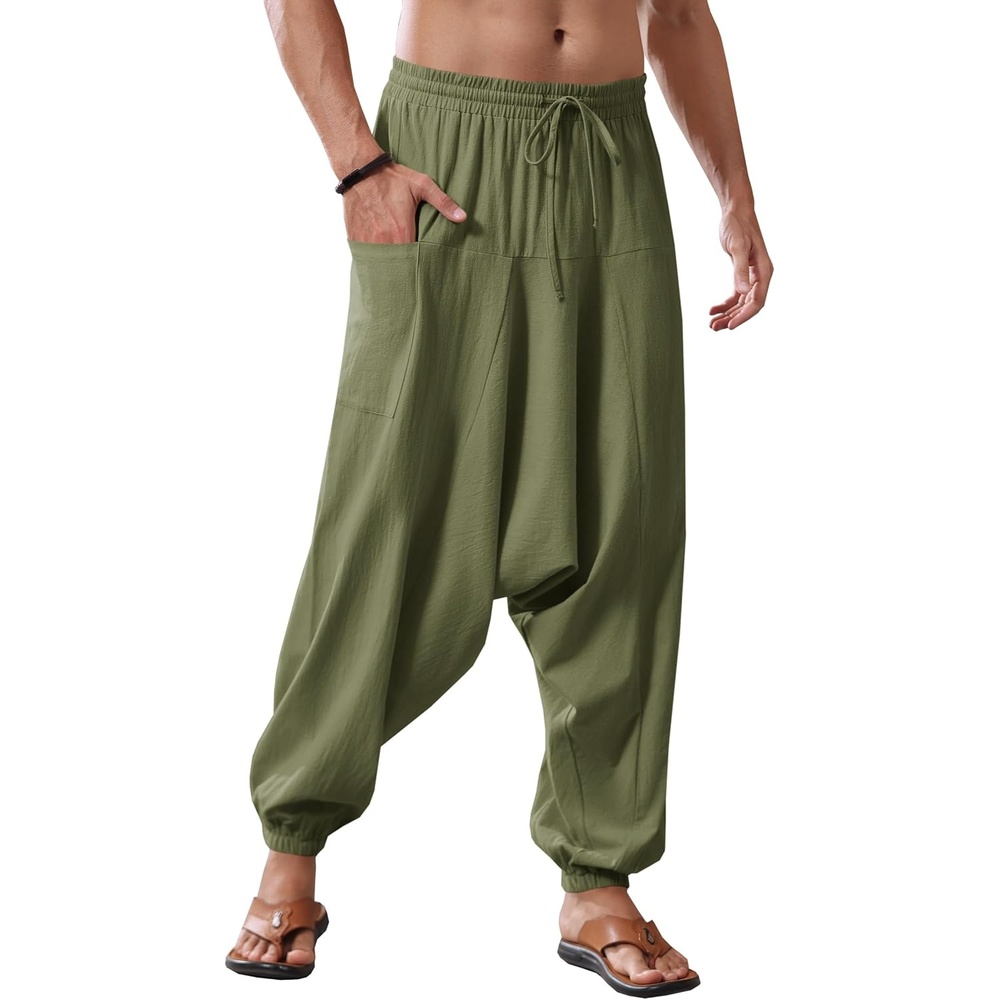 image:imageRuncati Mens Harem Pants Baggy Hippie Cotton Linen Yoga Beach Trouser Cotton Linen Loose Boho Yoga Beach Drop Crotch Trouser CasualArmy Green