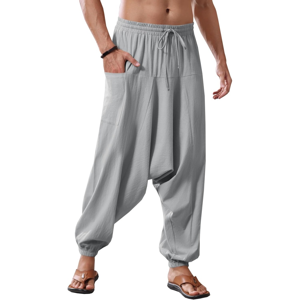 image:imageRuncati Mens Harem Pants Baggy Hippie Cotton Linen Yoga Beach Trouser Cotton Linen Loose Boho Yoga Beach Drop Crotch Trouser CasualGrey