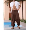 Runcati Mens Harem Pants Baggy Hippie Cotton Linen Yoga Beach Trouser | Cotton Linen, Loose Boho, Yoga Beach, Drop Crotch Trouser, Casual(Brown)