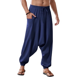 Runcati Mens Harem Pants Baggy Hippie Cotton Linen Yoga Beach Trouser | Cotton Linen, Loose Boho, Yoga Beach, Drop Crotch Trouser, Casual(Navy)