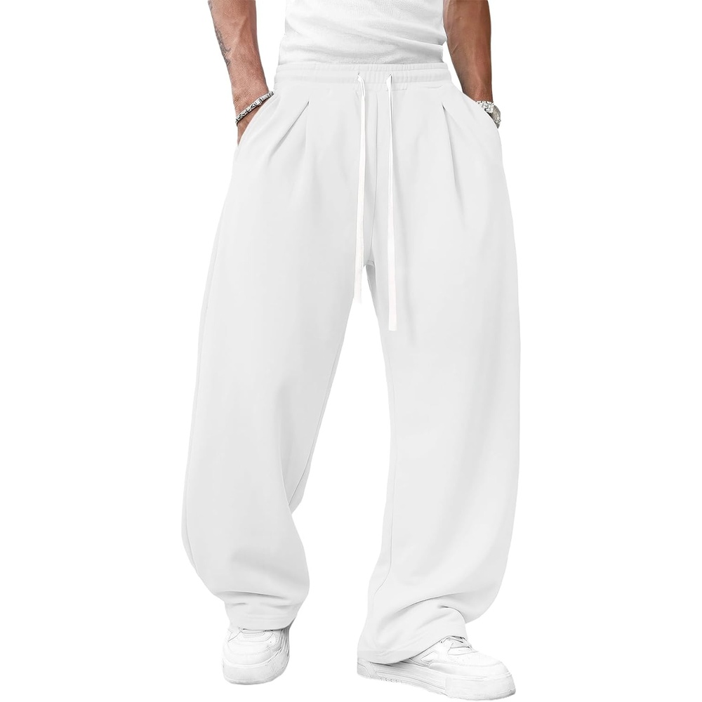 image:imageRuncati Mens Baggy Sweatpants Wide Leg Lounge Cotton Joggers Workout Pants Drawstring Elastic waist Open bottom Lightweight Soft Workout athletic outfits 67 inch phone pockets Hiking trackWhite