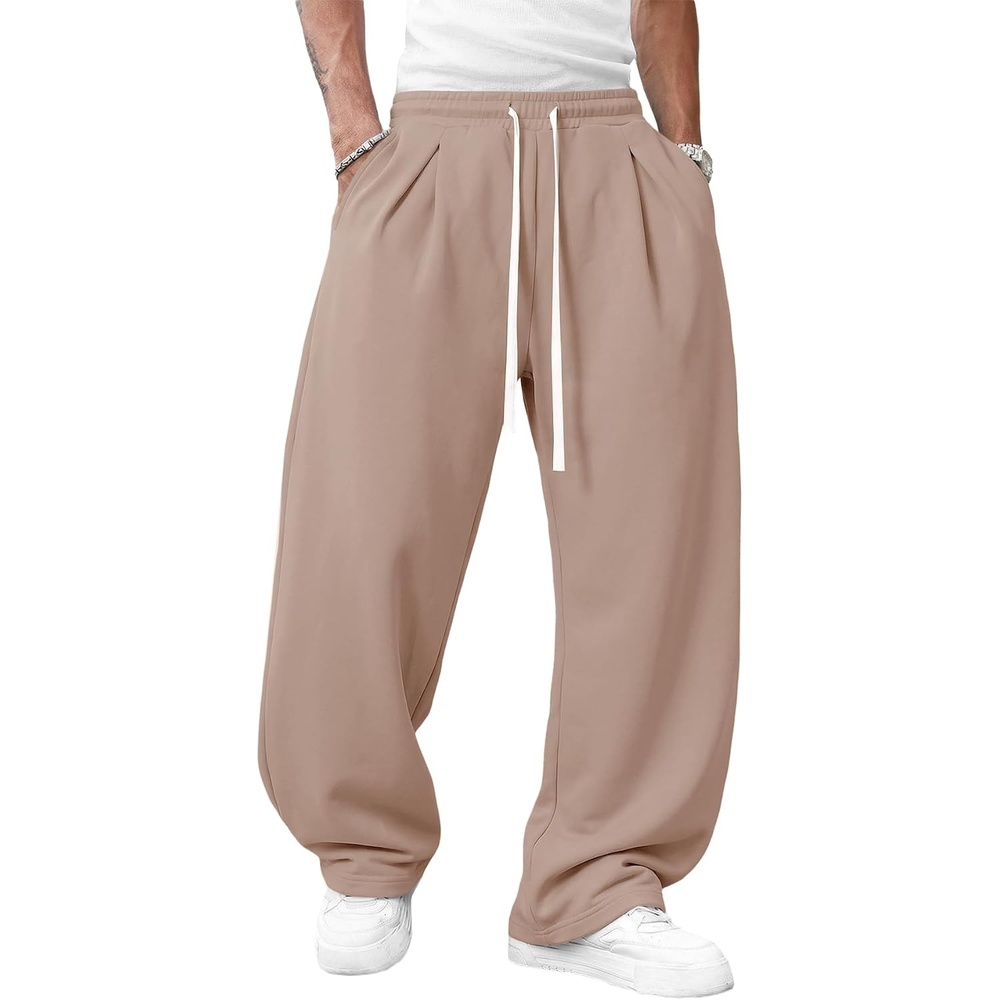 image:imageRuncati Mens Baggy Sweatpants Wide Leg Lounge Cotton Joggers Workout Pants Drawstring Elastic waist Open bottom Lightweight Soft Workout athletic outfits 67 inch phone pockets Hiking trackKhaki