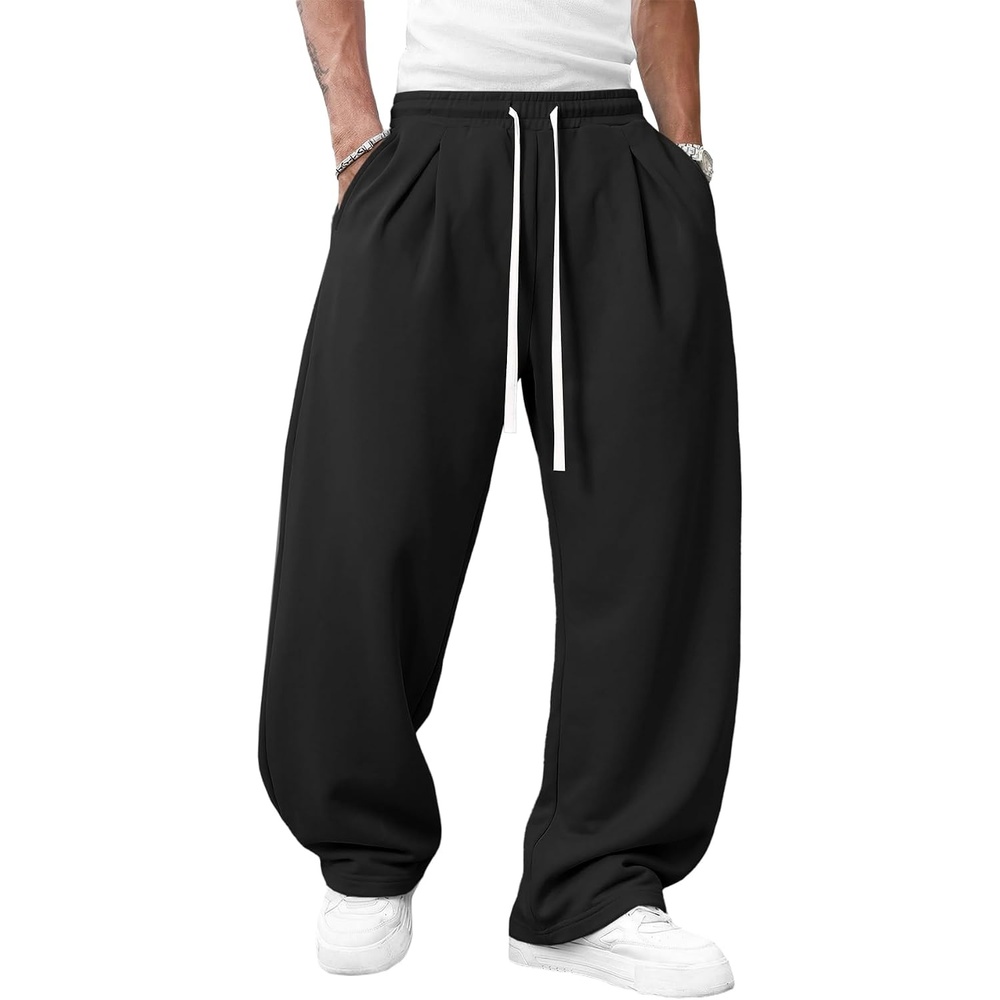 image:imageRuncati Mens Baggy Sweatpants Wide Leg Lounge Cotton Joggers Workout Pants  Drawstring Elastic waist Open bottom Lightweight Soft Workout athletic outfits 67 inch phone pockets Hiking trackBlack