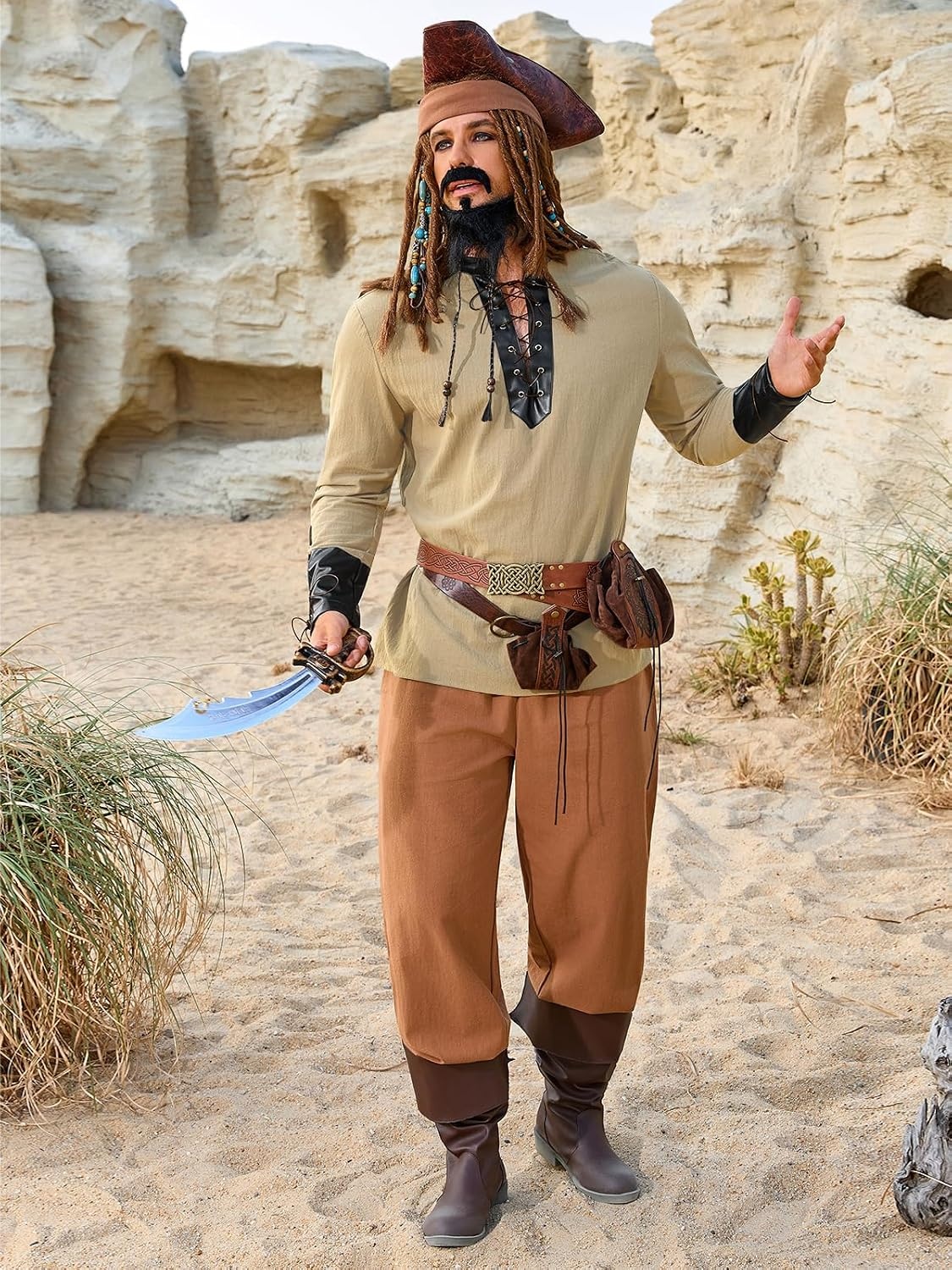 image:imageRuncati Mens Medieval Pirate Shirt Lace Up Faux Leather Viking Costume Tops 100 Cotton Renaissance Shirts Long Sleeve Halloween Cosplay Clothing Renfaire Outfit MenKhaki