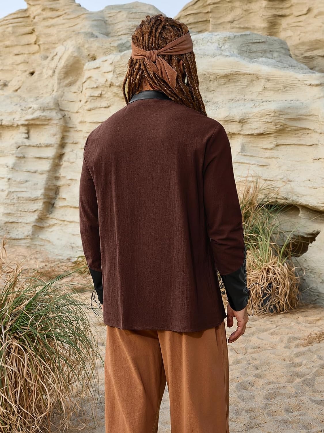 image:imageRuncati Mens Medieval Pirate Shirt Lace Up Faux Leather Viking Costume Tops 100 Cotton Renaissance Shirts Long Sleeve Halloween Cosplay Clothing Renfaire Outfit MenBrown