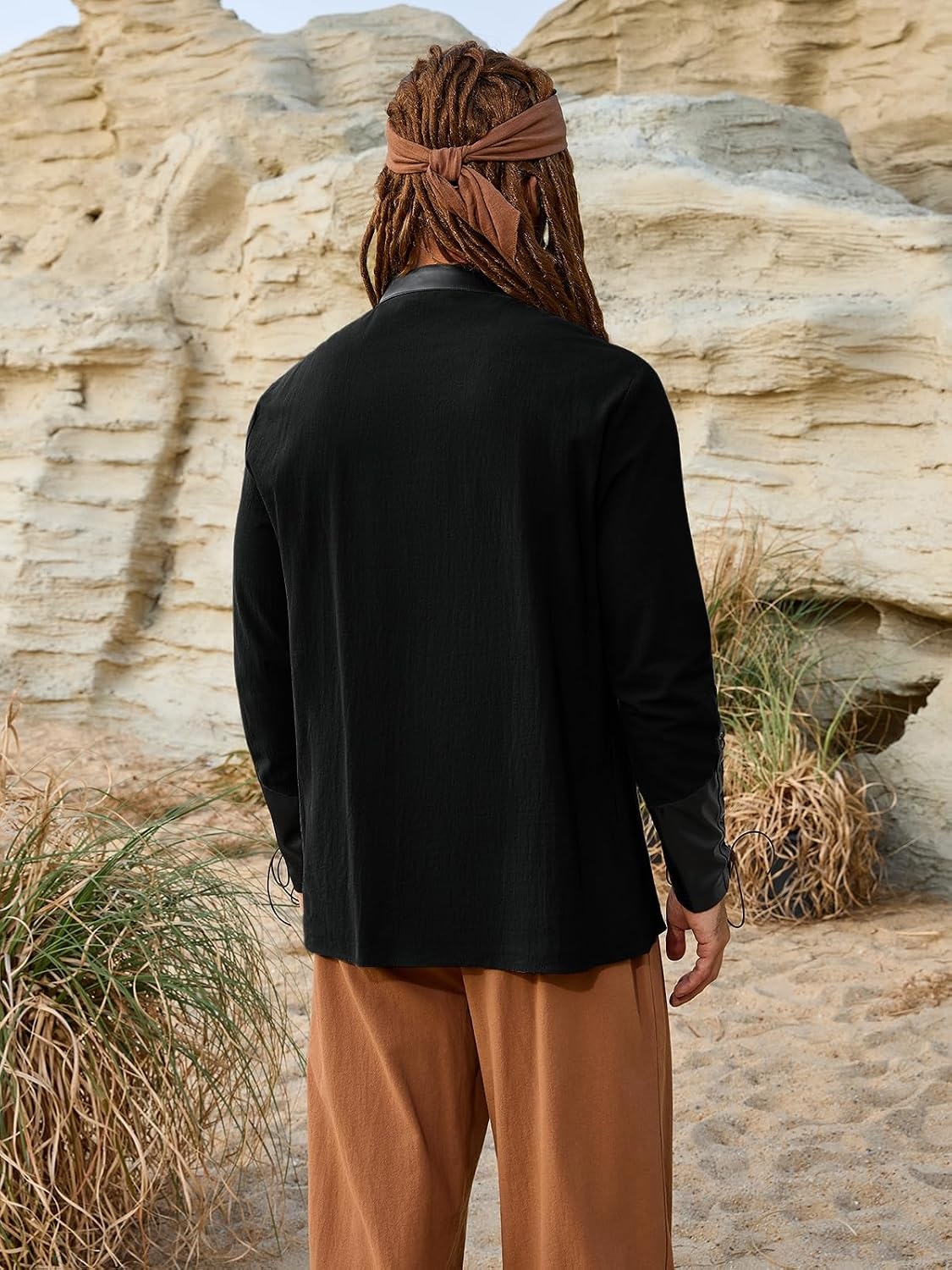 image:imageRuncati Mens Medieval Pirate Shirt Lace Up Faux Leather Viking Costume Tops 100 Cotton Renaissance Shirts Long Sleeve Halloween Cosplay Clothing Renfaire Outfit MenBlack
