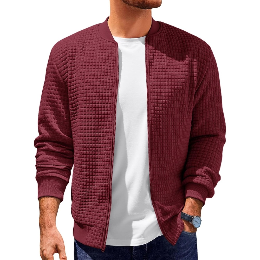 image:imageRuncati Mens Bomber Jacket Casual Lightweight Varsity Jackets Waffle Coat Full zip Long sleeve Regulat fit Warm Chunky Side pockets Outwear Fall winter clothingWine Red